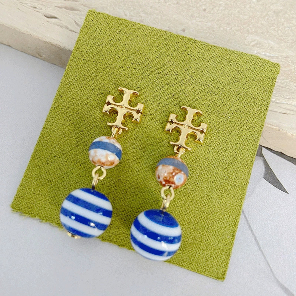 Tory Burch Colored Glass Striped Beads Metal Drop Earrings
